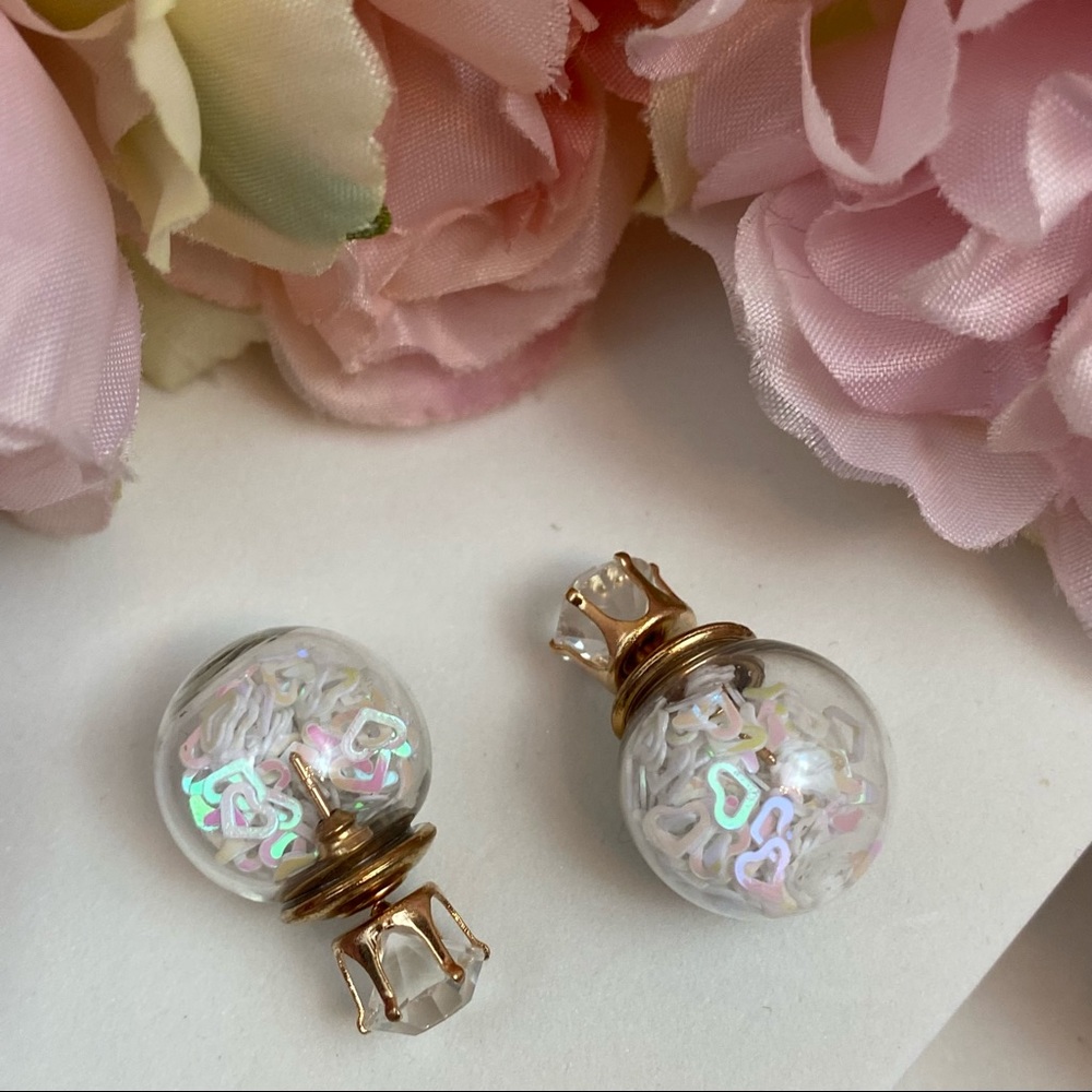 Double Stud Iridescent Heart Confetti Earrings - Picture 3 of 16